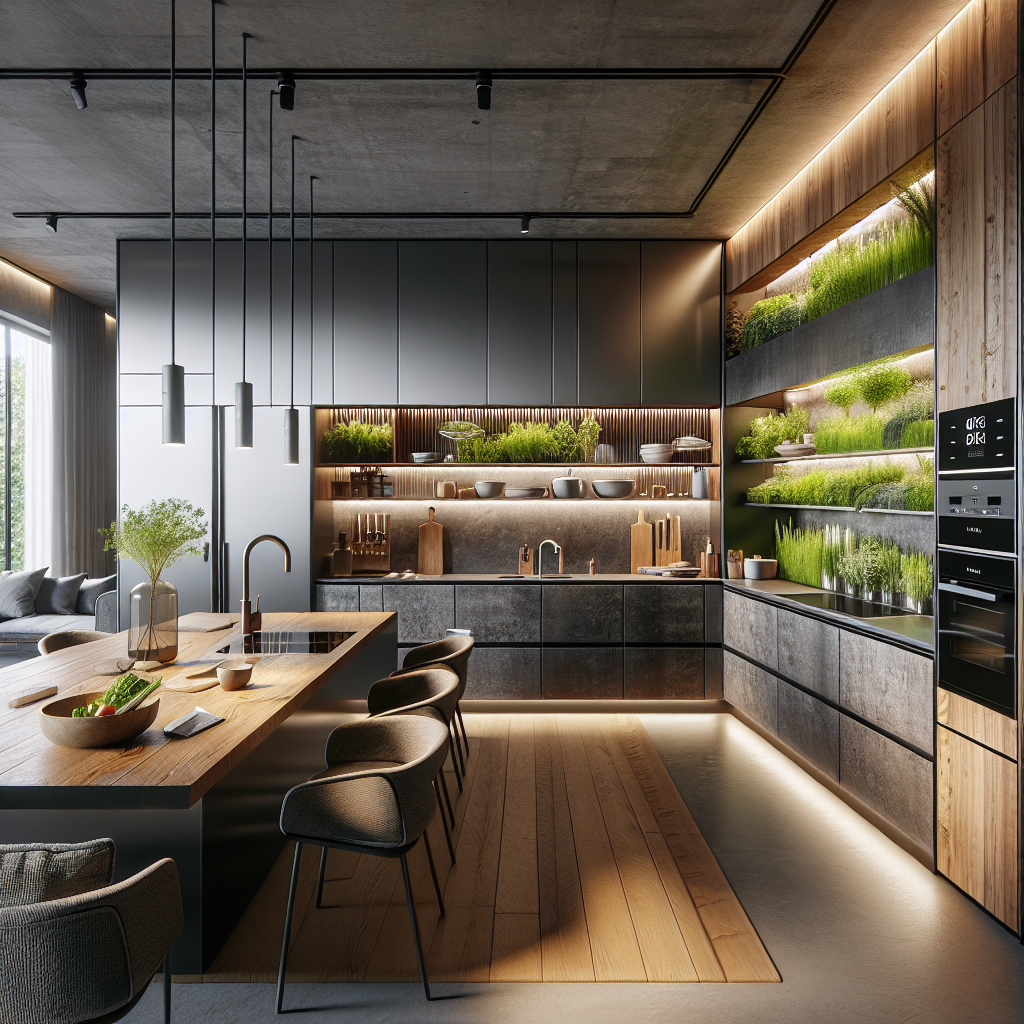 "Hyperrealistic modular kitchen with smart appliances, eco-friendly materials, LED lighting, vertical herb garden, and sleek contemporary design."