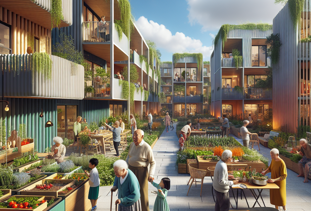Hyperrealistic rendering of a sustainable multigenerational community with green homes, shared gardens, and smart home tech fostering social cohesion.