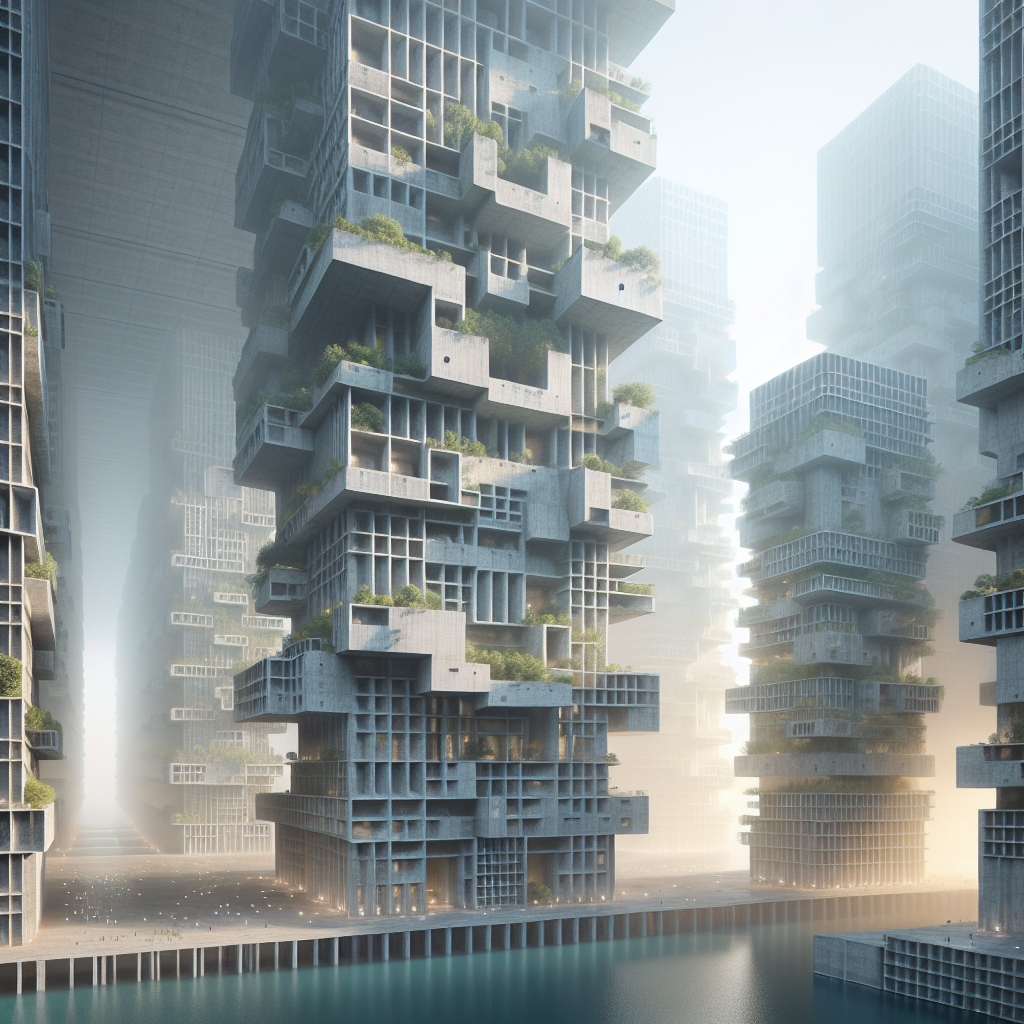 Neo-Brutalist cityscape with towering 3D-printed concrete structures, parametric facades, vertical gardens & AR overlays in a futuristic urban setting.