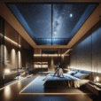 Ultra-realistic modern bedroom at night with glass roof, starry sky view, moonlight, and person relaxing under starlight.