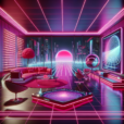 "Futuristic neon-lit lounge with retro-futuristic design, holographic displays, and infinity floor, evoking 80s nostalgia and modern aesthetics."