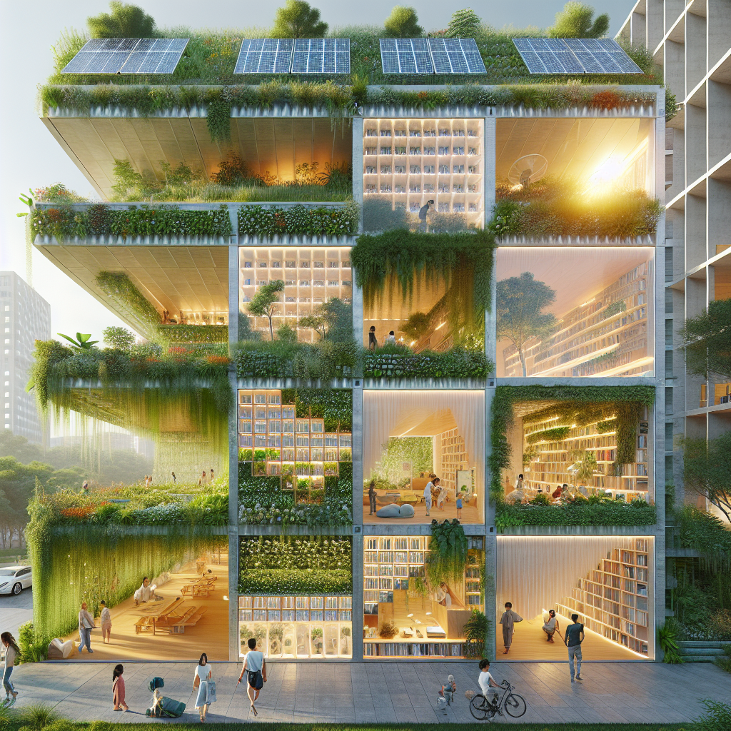 Hyperrealistic eco-friendly building with translucent reclaimed plastic walls, solar panels, vertical gardens & rainwater collection in a lush urban setting.