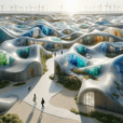 "Futuristic landscape with undulating reclaimed plastic dunes, sustainable urbanism, 3D-printed textures, and eco-friendly design innovations."