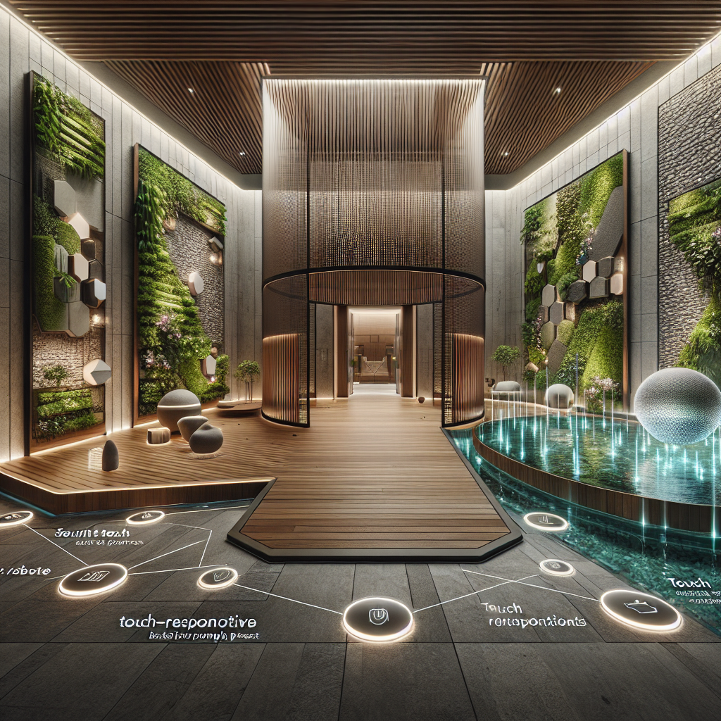 "Futuristic multi-sensory antechamber with biophilic design, smart home tech, living walls, ambient lighting, and immersive textures."