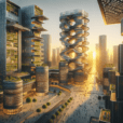 Futuristic cityscape at sunset with kinetic facades, solar panels, rotating modules, mashrabiya shades, greenery, and people below.