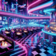 Hyperrealistic retro-futuristic diner at night with neon lights, AR menus, holographic food, and a cyberpunk cityscape. 50s nostalgia meets sci-fi.