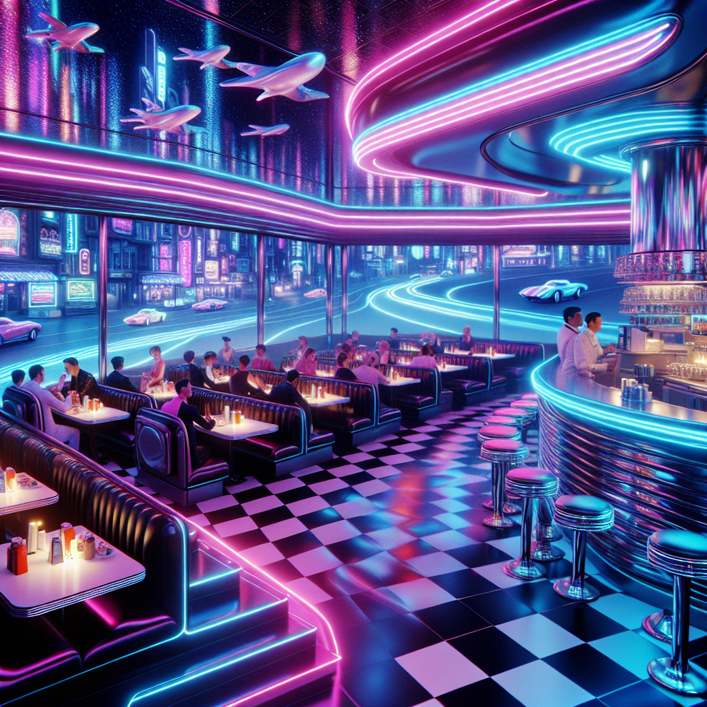 Hyperrealistic retro-futuristic diner at night with neon lights, AR menus, holographic food, and a cyberpunk cityscape. 50s nostalgia meets sci-fi.