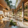 "Futuristic home interior with scent-activated living, featuring integrated aromatherapy, smart diffusers, indoor garden, and meditation nook."