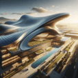 "Futuristic building with undulating solar roofing mimicking ocean waves, set in a sustainable cityscape with green rooftops and eco-architecture."