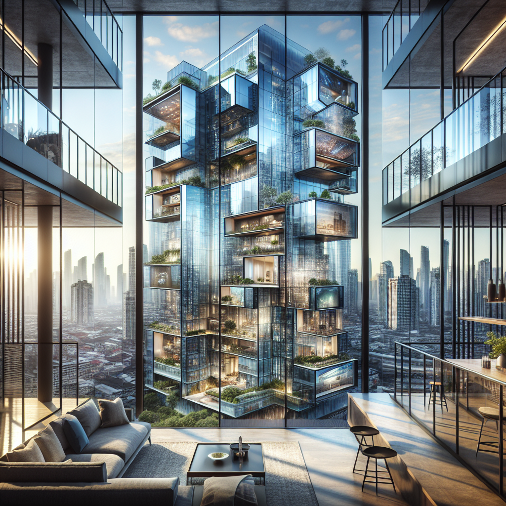 "Hyper-realistic rendering of a modern high-rise with sliding-lens windows, smart-tinting glass, and biophilic design, enhancing city views."