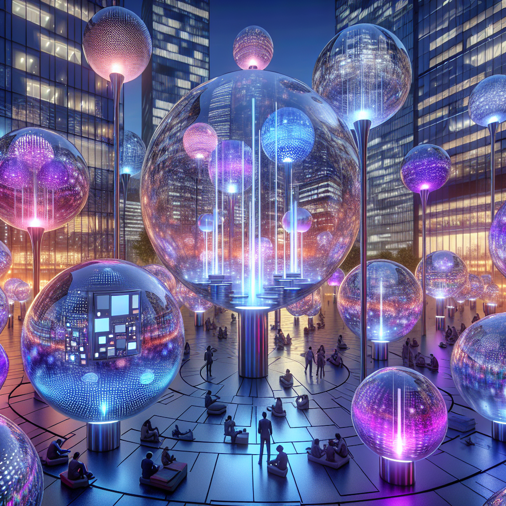 Futuristic urban plaza at dusk with glowing translucent spheres emitting ambient light. Visitors relax inside, immersed in a calming soundscape.