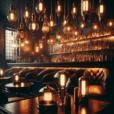 Hyperrealistic 1920s speakeasy bar interior with Edison bulbs, Art Deco sconces, brass lamps, leather, and vintage ambiance.
