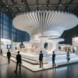 "Hyperrealistic 3D-rendered pavilion made from recycled polystyrene, showcasing parametric design & digital fabrication in sustainable architecture."