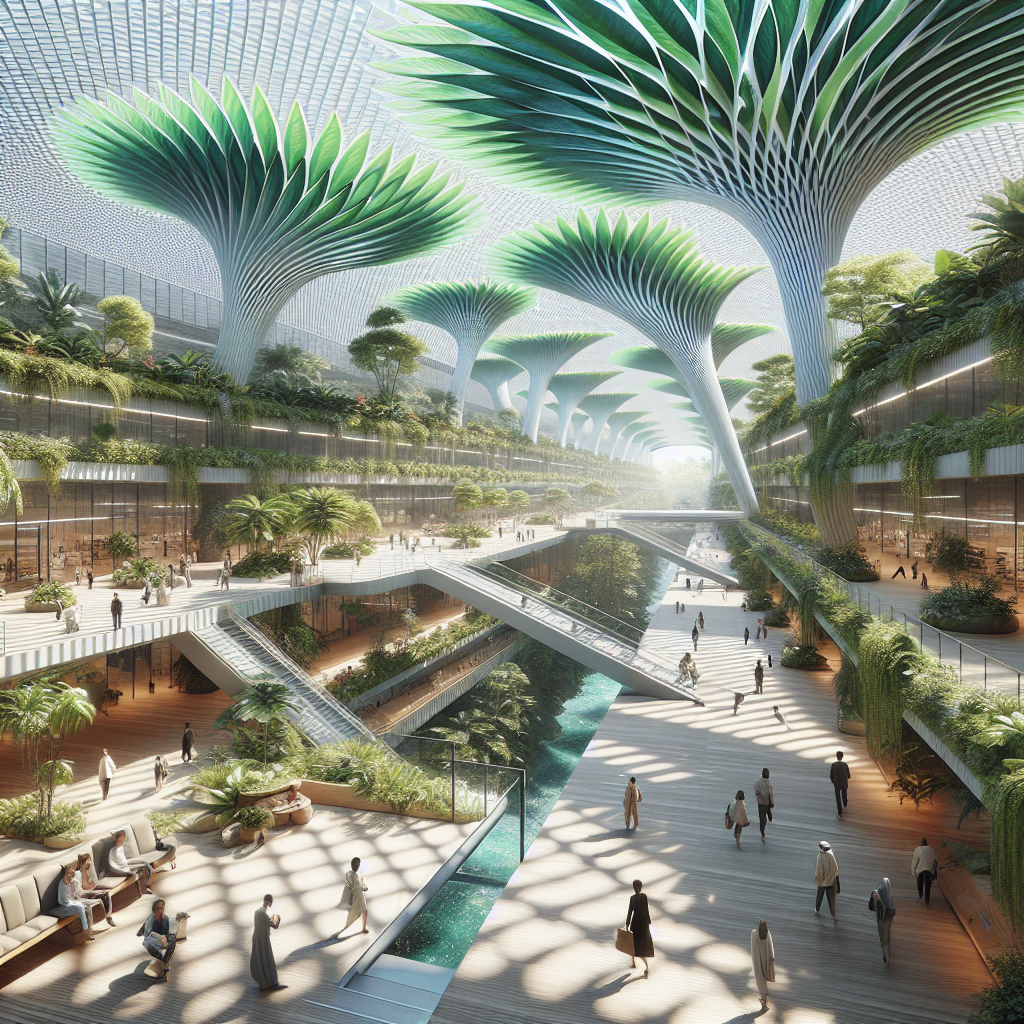 Hyperrealistic futuristic atrium with giant leaf canopies, biophilic design, passive cooling, vertical gardens, and sustainable urban innovation.