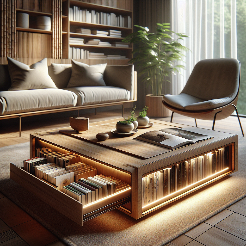 "Hyperrealistic tabletop micro-library with hidden book compartments, LED lighting, and biophilic design in a modern living space."