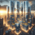 "Futuristic cityscape at sunset with transparent skyscrapers, smart glass façades, vertical gardens, and autonomous electric vehicles."