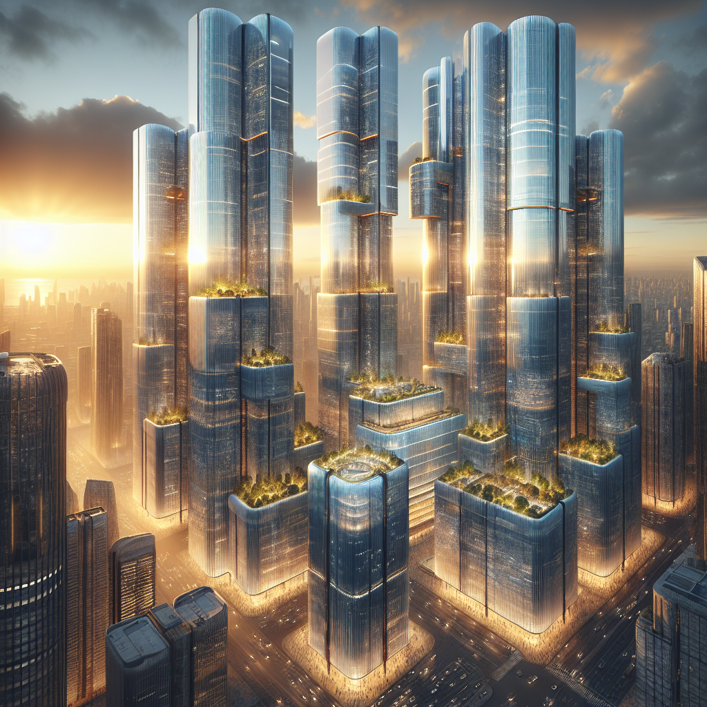 "Futuristic cityscape at sunset with transparent skyscrapers, smart glass façades, vertical gardens, and autonomous electric vehicles."