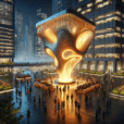 "Futuristic urban plaza at night with an interactive LED hearth sculpture emitting warm light, promoting community bonding & tech innovation."