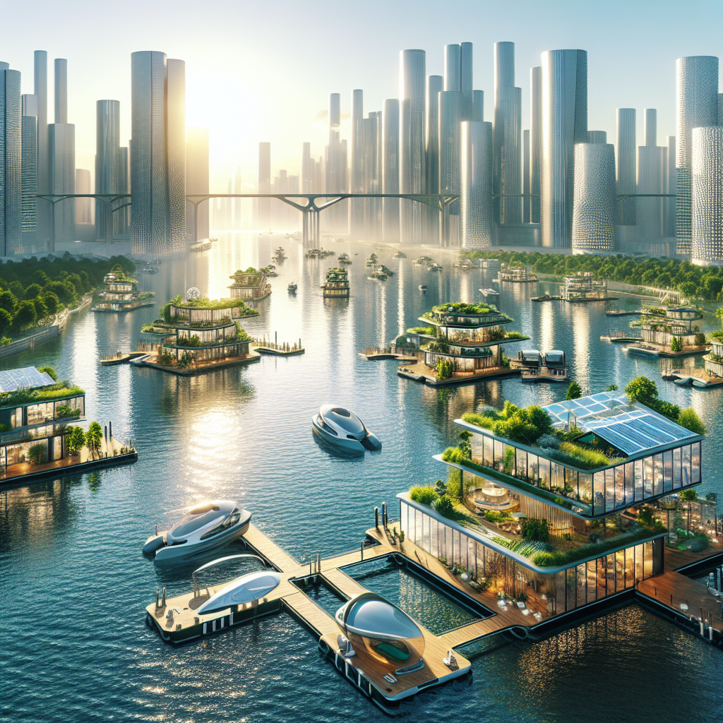 "Futuristic coastal city with floating homes, amphibious buildings, and biophilic design, featuring adaptive skyscrapers and climate-resilient architecture."