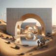 "Futuristic desert-inspired architecture with sand-textured curves, archways, wind towers, and sustainable materials, blending nature and design."