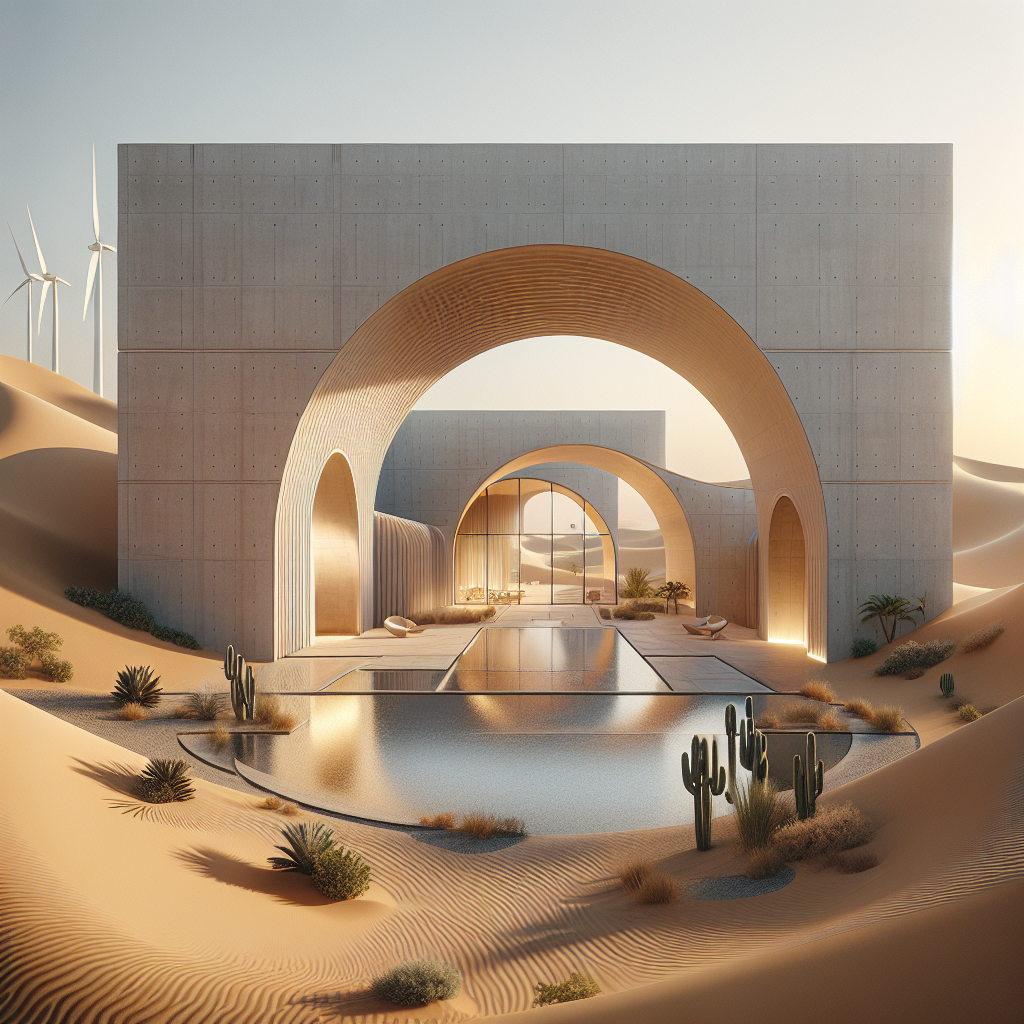 "Futuristic desert-inspired architecture with sand-textured curves, archways, wind towers, and sustainable materials, blending nature and design."