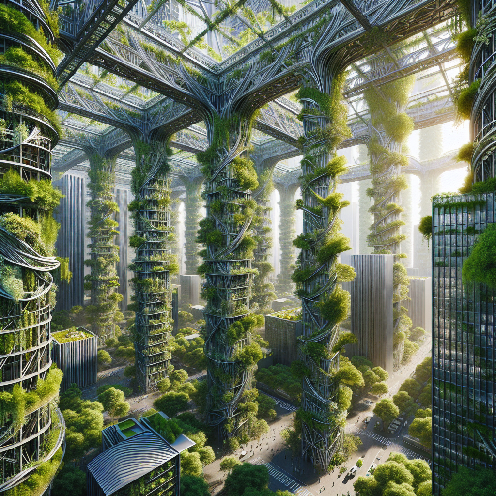 Hyperrealistic futuristic city with skyscrapers covered in green vines, ivy, and jasmine, blending urban architecture with lush, sustainable nature.