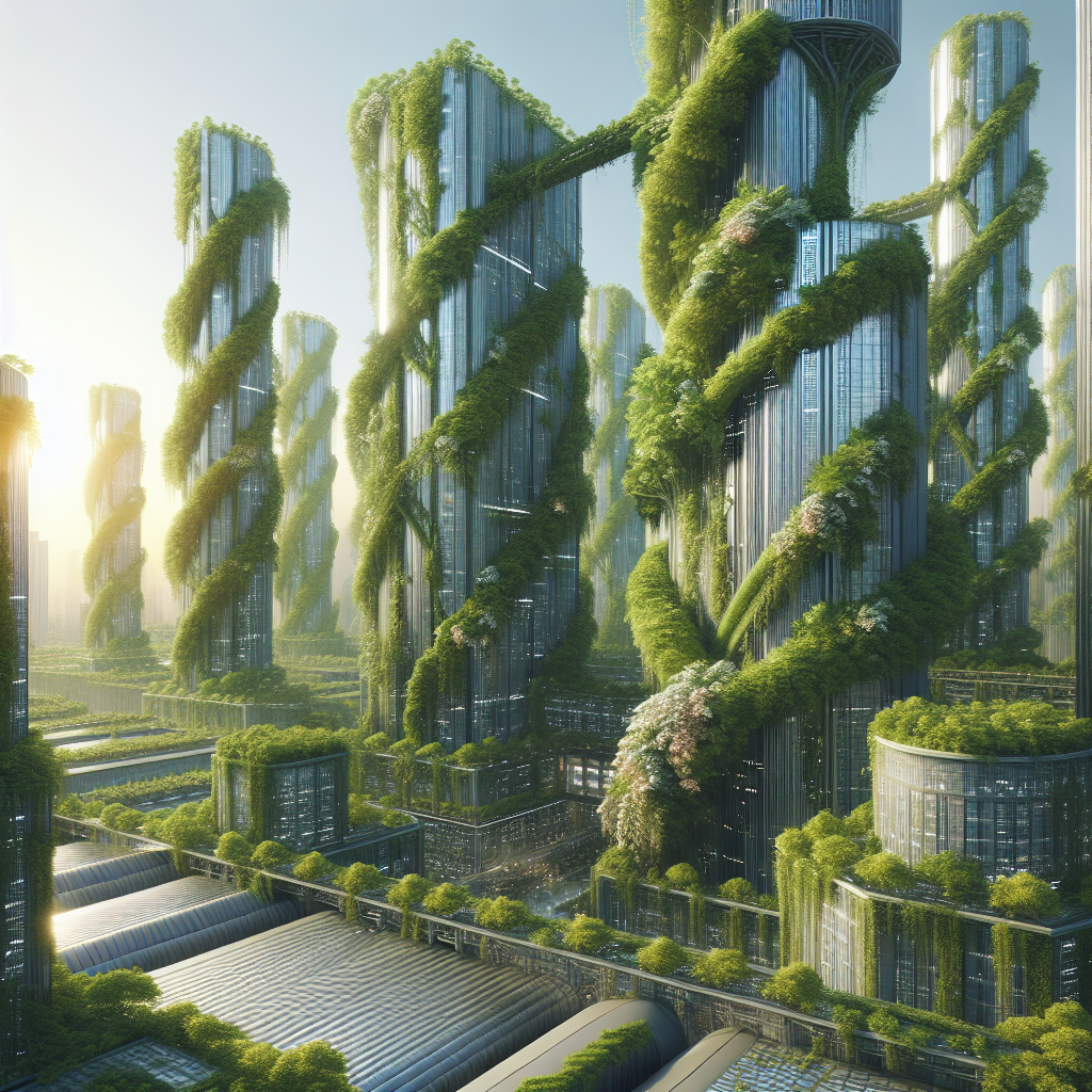 Hyperrealistic futuristic city with skyscrapers covered in green vines, ivy, and jasmine, blending urban architecture with lush, sustainable nature.