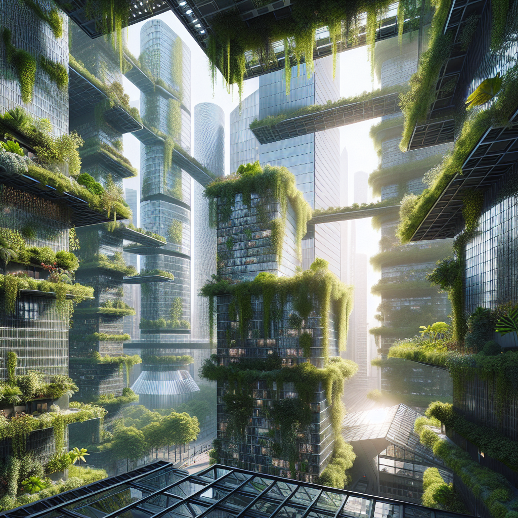 Hyperrealistic futuristic city with skyscrapers covered in green vines, ivy, and jasmine, blending urban architecture with lush, sustainable nature.
