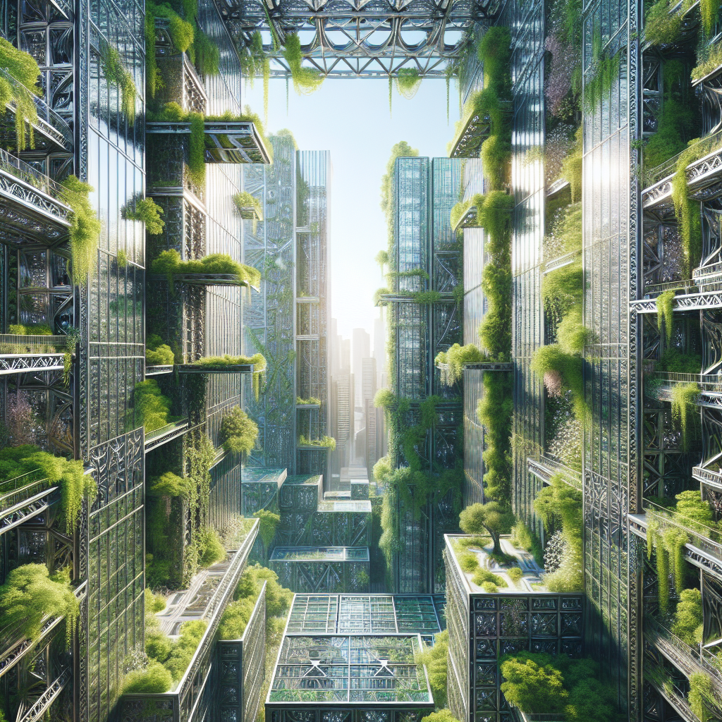 Hyperrealistic futuristic city with skyscrapers covered in green vines, ivy, and jasmine, blending urban architecture with lush, sustainable nature.