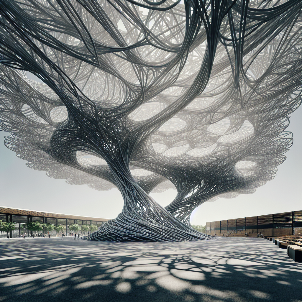 Hyperrealistic rendering of a futuristic pavilion with a braided steel canopy casting dynamic shadows, showcasing innovation in sustainable urban design.