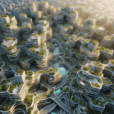 Hyperrealistic aerial view of futuristic labyrinthine city with organic architecture, rooftop gardens, and green courtyards under soft sunlight.