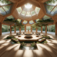 Hyperrealistic polygonal cedar meditation pavilion in serene Kyoto forest with crystal bowls, skylights, and biophilic design elements.