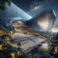 Futuristic concert hall with flowing organic architecture, glass façade, and biophilic design at dusk, inspired by musical soundwaves.