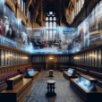 Hyperrealistic historical building interior with glass panels projecting augmented reality of Victorian life and royal events on medieval walls.