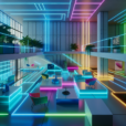 Hyperrealistic futuristic Bauhaus interior with neon lighting, geometric white concrete design, modular furniture, and vivid LED accents.