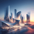 Futuristic cityscape at sunset with hyperrealistic translucent architecture, organic designs, biophilic elements, and ethereal, misty atmosphere.