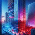 Thermochromic modern high-rise façade showing cobalt, crimson, and lavender hues with temperature changes under dynamic sky and urban setting.