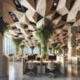 Hyperrealistic modern office with polygonal timber partitions, natural lighting, tech accents, plant walls, and collaborative work pods.