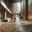 Hyperrealistic lobby with confetti stone aggregate flooring, vibrant mosaic colors, minimalist furniture, modern design, and natural light.