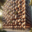 Hyperrealistic modern building facade with ancient terracotta amphorae, water features, and greenery in sustainable biophilic design.