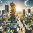 Hyperrealistic futuristic smart city inspired by Barcelona and Lisbon with solar panels, green roofs, IoT, microgrids, and electric vehicles.
