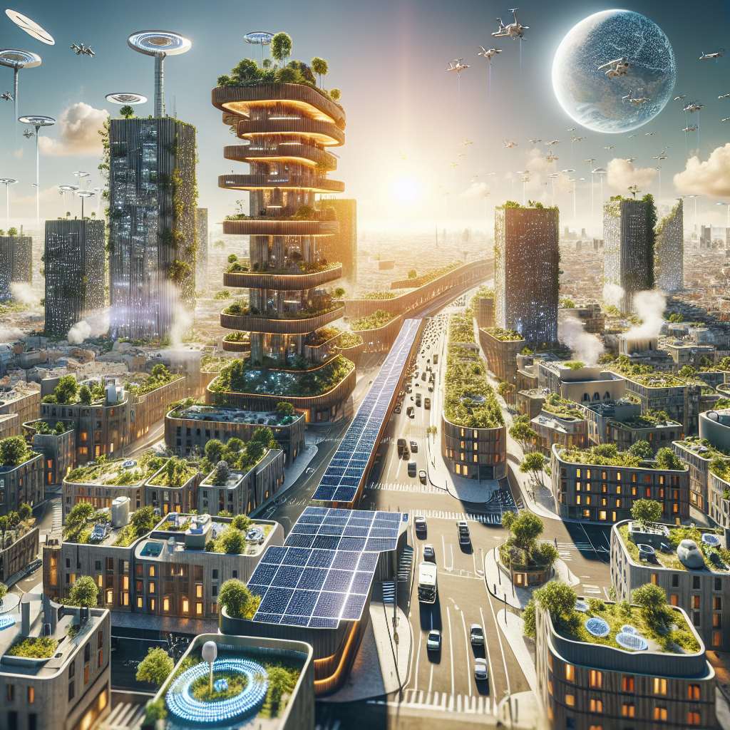 Hyperrealistic futuristic smart city inspired by Barcelona and Lisbon with solar panels, green roofs, IoT, microgrids, and electric vehicles.