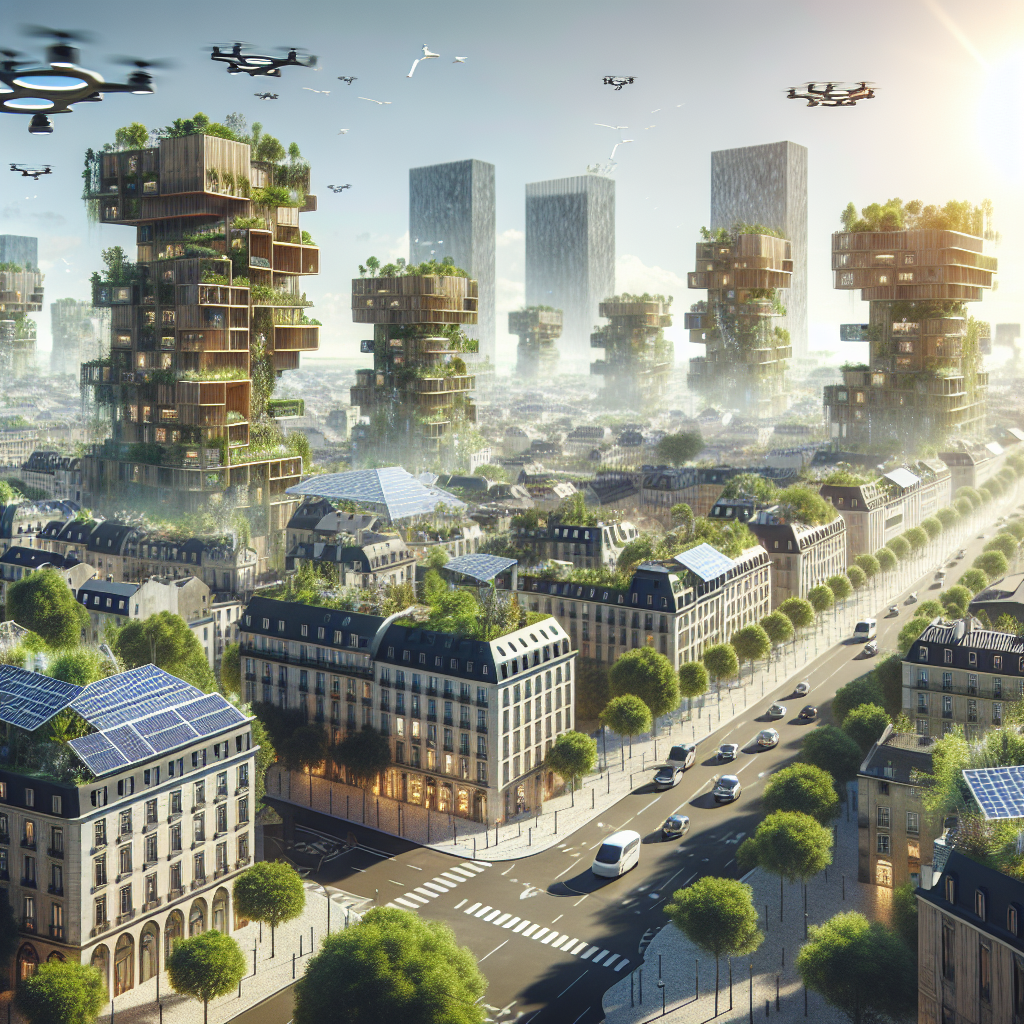 Hyperrealistic futuristic smart city inspired by Barcelona and Lisbon with solar panels, green roofs, IoT, microgrids, and electric vehicles.
