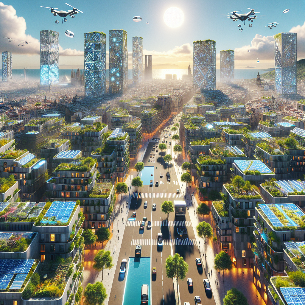 Hyperrealistic futuristic smart city inspired by Barcelona and Lisbon with solar panels, green roofs, IoT, microgrids, and electric vehicles.