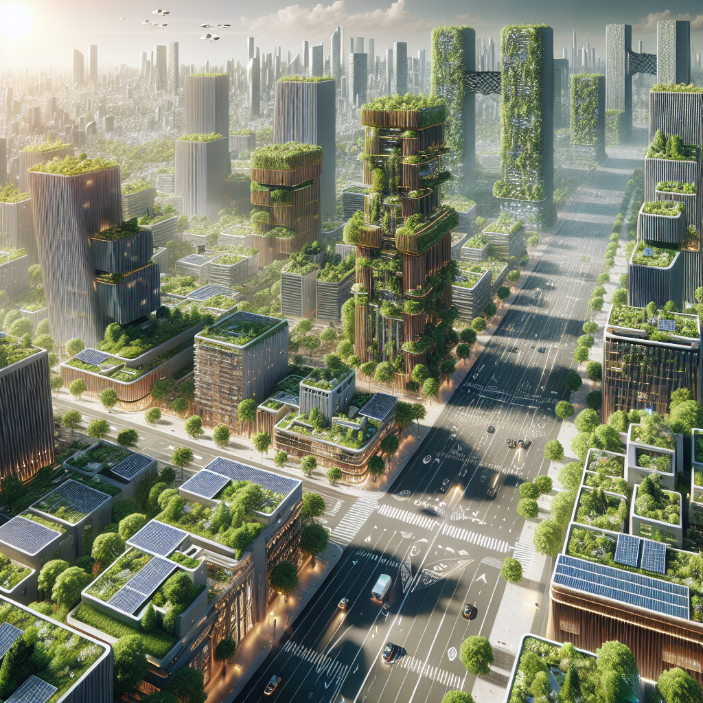 Hyperrealistic futuristic smart city inspired by Barcelona and Lisbon with solar panels, green roofs, IoT, microgrids, and electric vehicles.