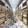 Hyperrealistic rendering of modern labyrinth mall interior with natural light, vertical gardens, and stylish partitioned retail spaces.