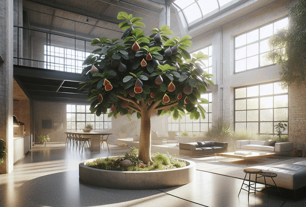 Luxury loft interior with fig tree planter, modern minimalist furniture, exposed brick, and natural light for biophilic design inspiration.