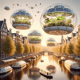 Futuristic floating greenhouse pods over Amsterdam canal at golden hour with vertical gardens, solar roofs, and historic cityscape backdrop.