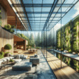 Modern solarium with glass walls, vertical garden, solar tech, and eco-friendly living room design blending nature and smart architecture.