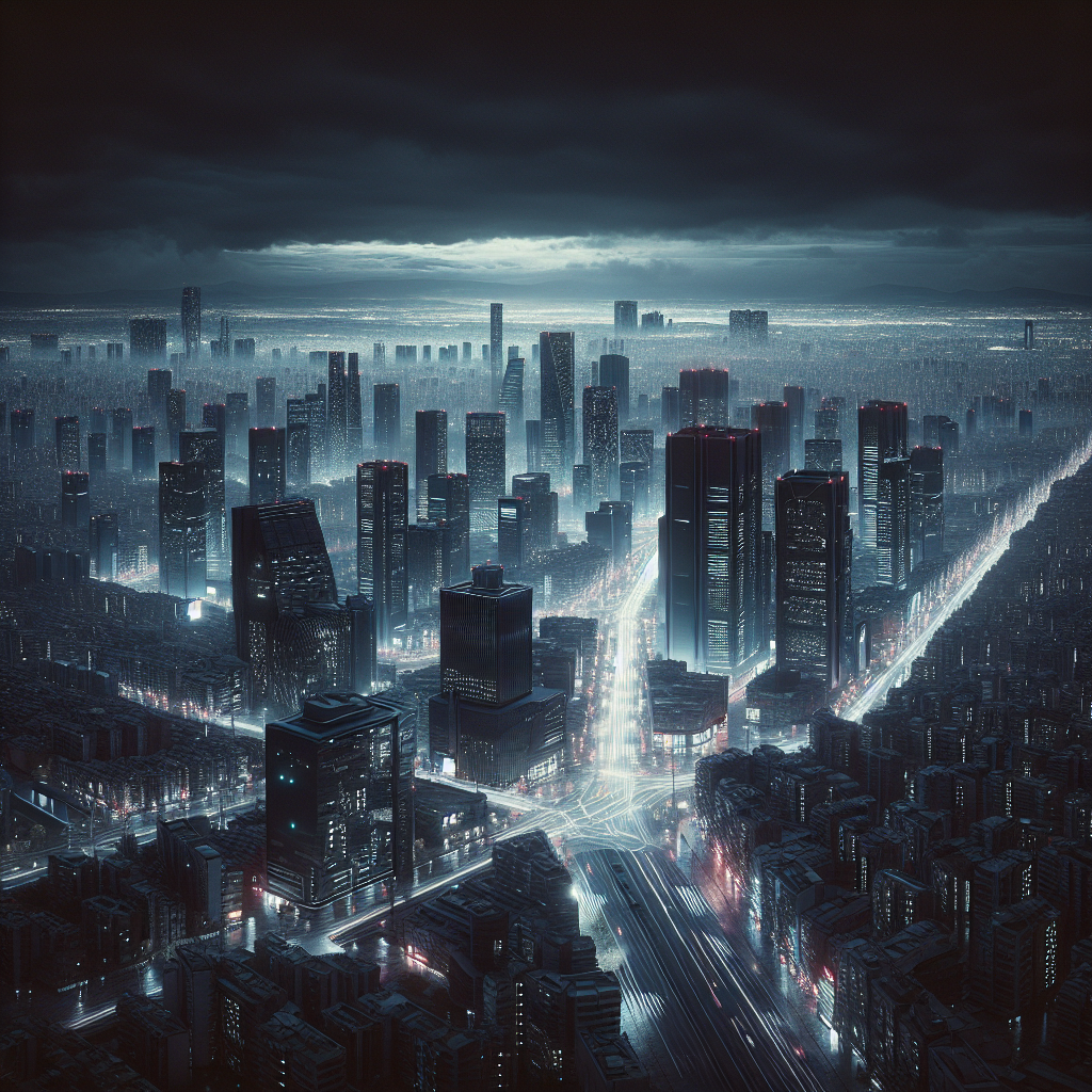 Hyperrealistic blackout in Lisbon and Madrid shows dark smart cities after cyberattack, highlighting IoT failure and digital vulnerability.